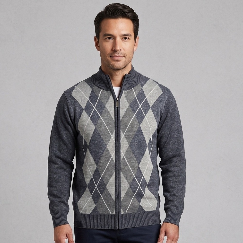 Cambridge Classics Mens Medium Blue Full Zip Sweater Argyle‎ Mock Neck Casual